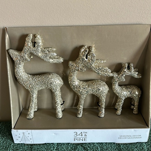 34th & Pine Gold Shimmer Sparkle Reindeer Set of 3 Holiday Christmas NEW - Picture 1 of 6
